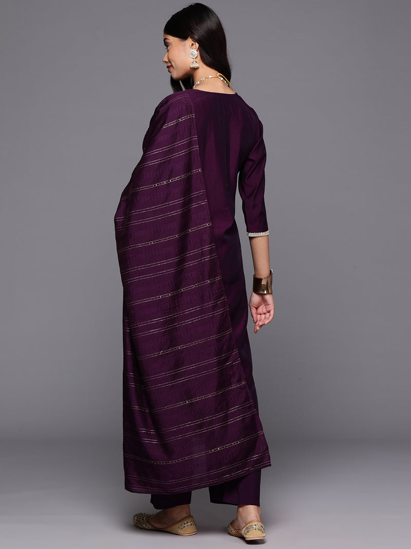 Purple Yoke Design Silk Blend Straight Kurta With Trousers & Dupatta