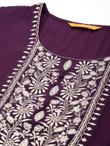 Purple Yoke Design Silk Blend Straight Kurta With Trousers & Dupatta