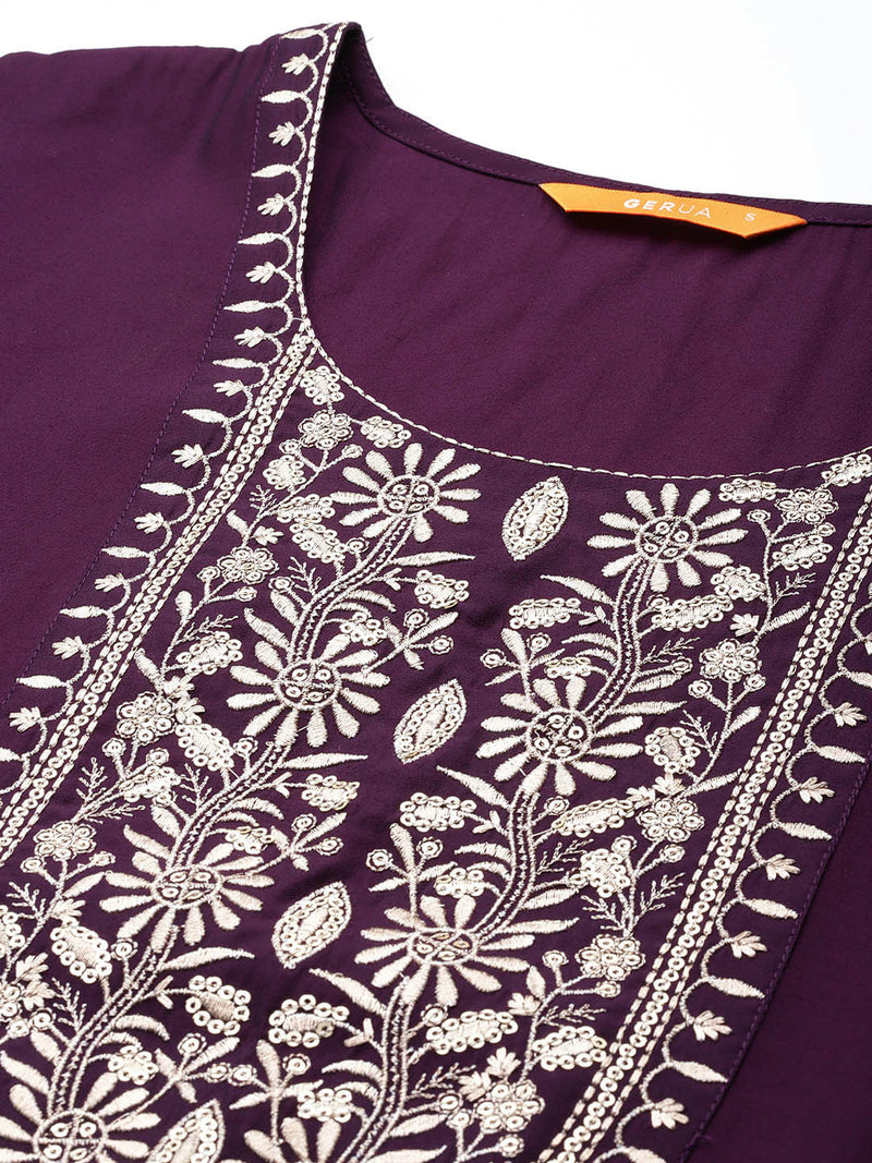 Purple Yoke Design Silk Blend Straight Kurta With Trousers & Dupatta