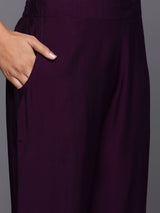 Purple Yoke Design Silk Blend Straight Kurta With Trousers & Dupatta