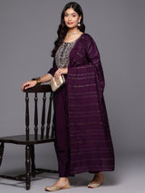 Purple Yoke Design Silk Blend Straight Kurta With Trousers & Dupatta
