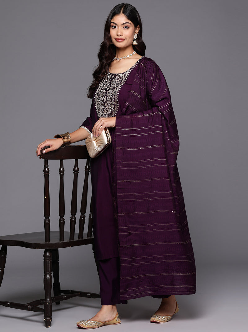 Purple Yoke Design Silk Blend Straight Kurta With Trousers & Dupatta