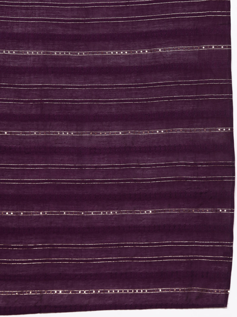 Purple Yoke Design Silk Blend Straight Kurta With Trousers & Dupatta