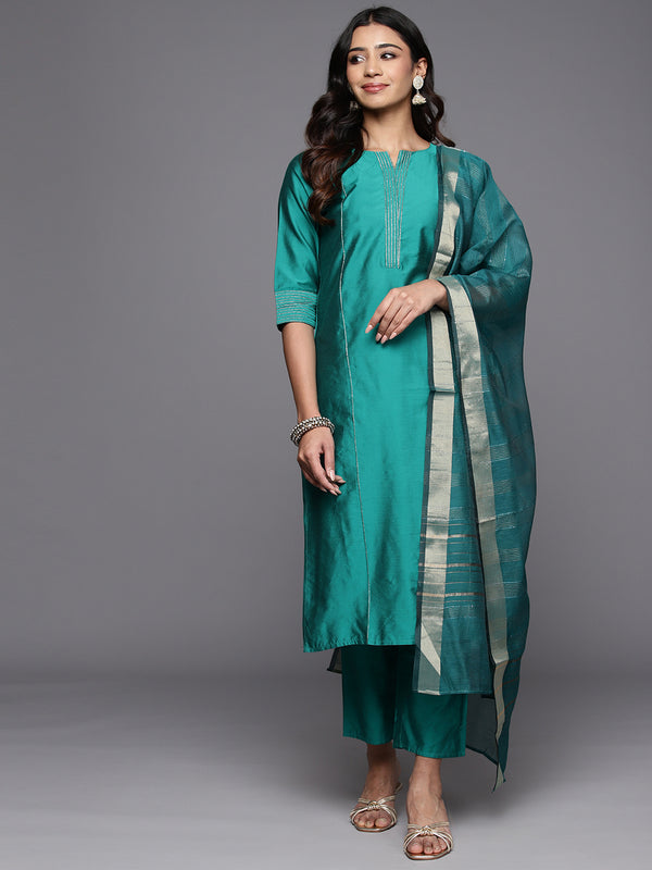 Rama Green Solid Silk Blend Straight Kurta With Trousers & Dupatta