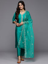 Green Solid Silk Blend Straight Kurta With Trousers & Dupatta