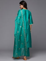 Green Solid Silk Blend Straight Kurta With Trousers & Dupatta