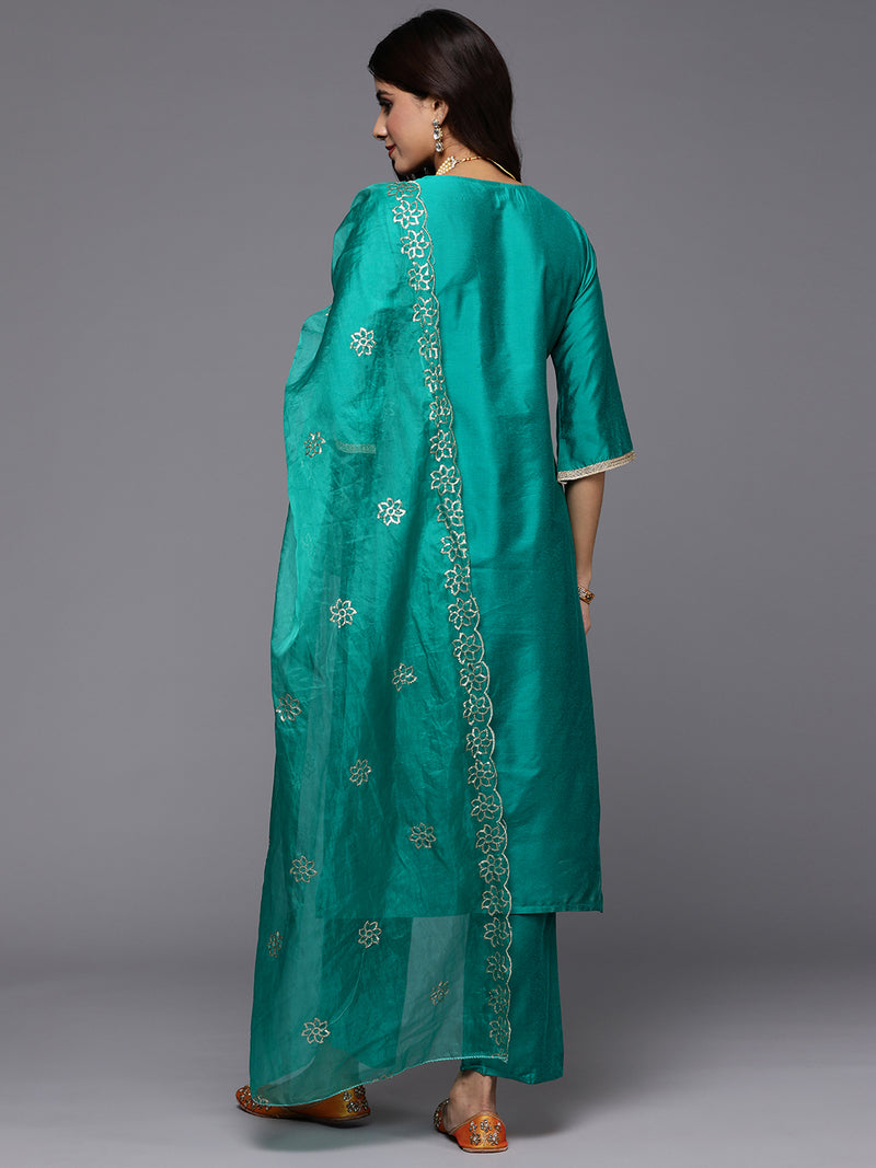 Green Solid Silk Blend Straight Kurta With Trousers & Dupatta