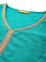 Green Solid Silk Blend Straight Kurta With Trousers & Dupatta