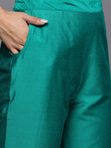 Green Solid Silk Blend Straight Kurta With Trousers & Dupatta