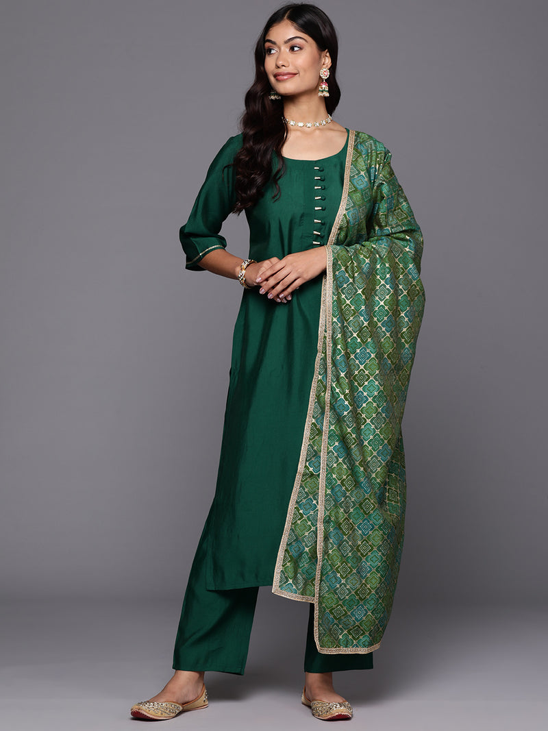 Green Solid Silk Blend Straight Kurta With Trousers & Dupatta