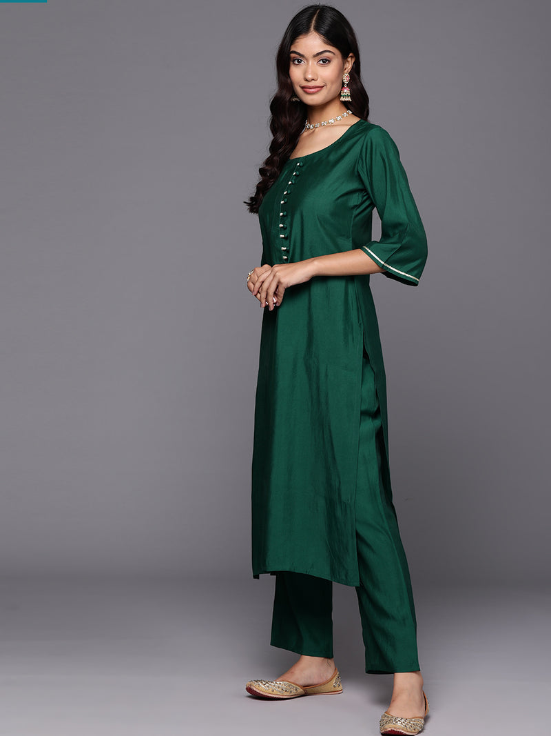 Green Solid Silk Blend Straight Kurta With Trousers & Dupatta