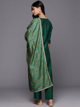 Green Solid Silk Blend Straight Kurta With Trousers & Dupatta