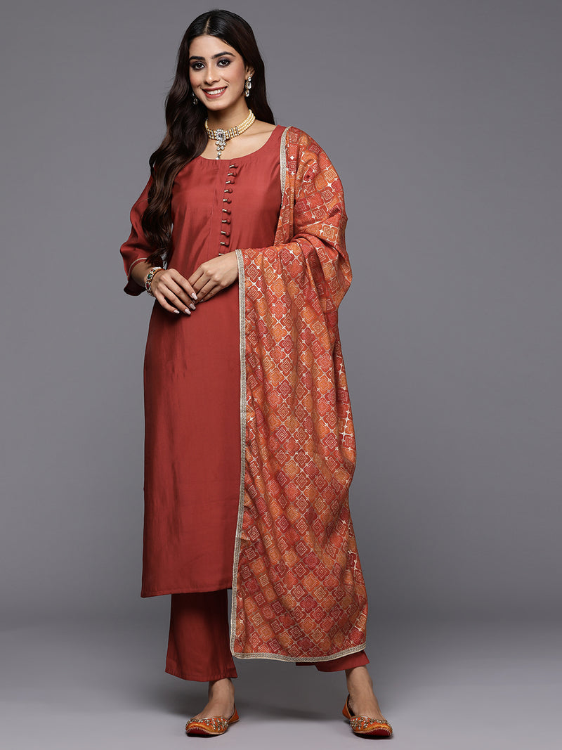 Rust Solid Silk Blend Straight Kurta With Trousers & Dupatta