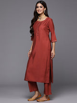 Rust Solid Silk Blend Straight Kurta With Trousers & Dupatta