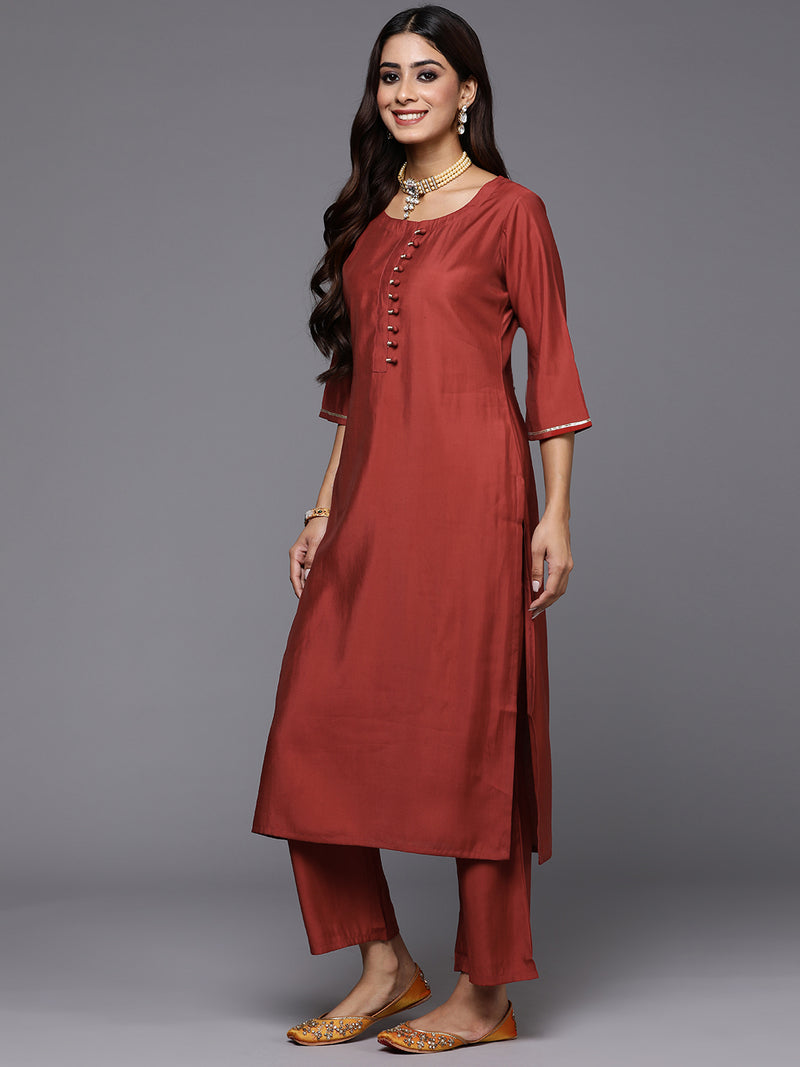 Rust Solid Silk Blend Straight Kurta With Trousers & Dupatta