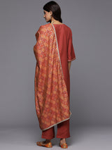 Rust Solid Silk Blend Straight Kurta With Trousers & Dupatta