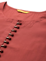 Rust Solid Silk Blend Straight Kurta With Trousers & Dupatta