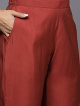 Rust Solid Silk Blend Straight Kurta With Trousers & Dupatta