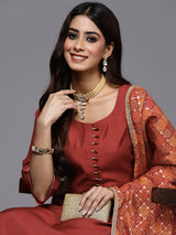 Rust Solid Silk Blend Straight Kurta With Trousers & Dupatta
