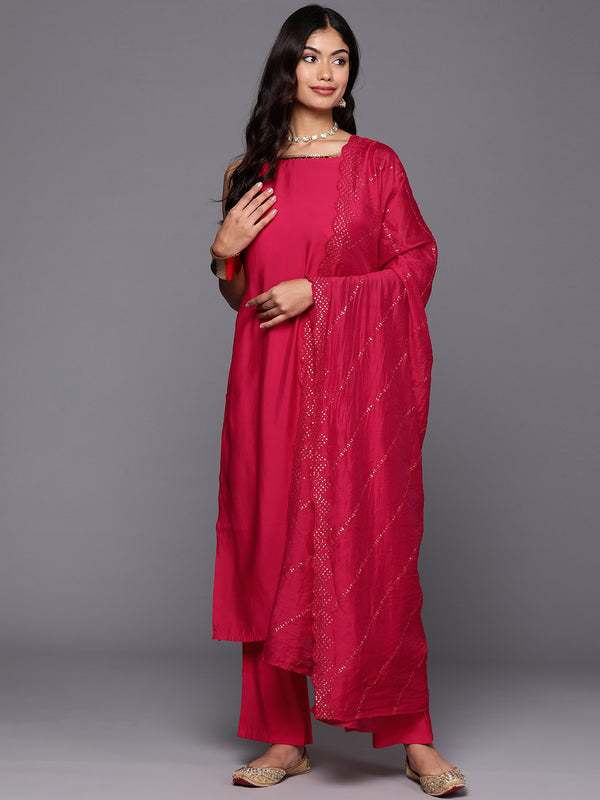 Pink Solid Silk Blend Straight Kurta With Trousers & Dupatta
