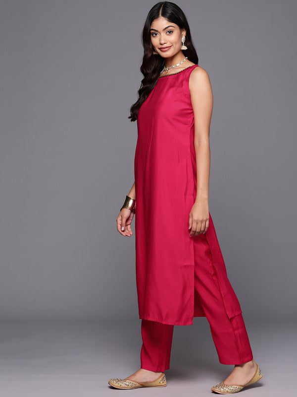 Pink Solid Silk Blend Straight Kurta With Trousers & Dupatta