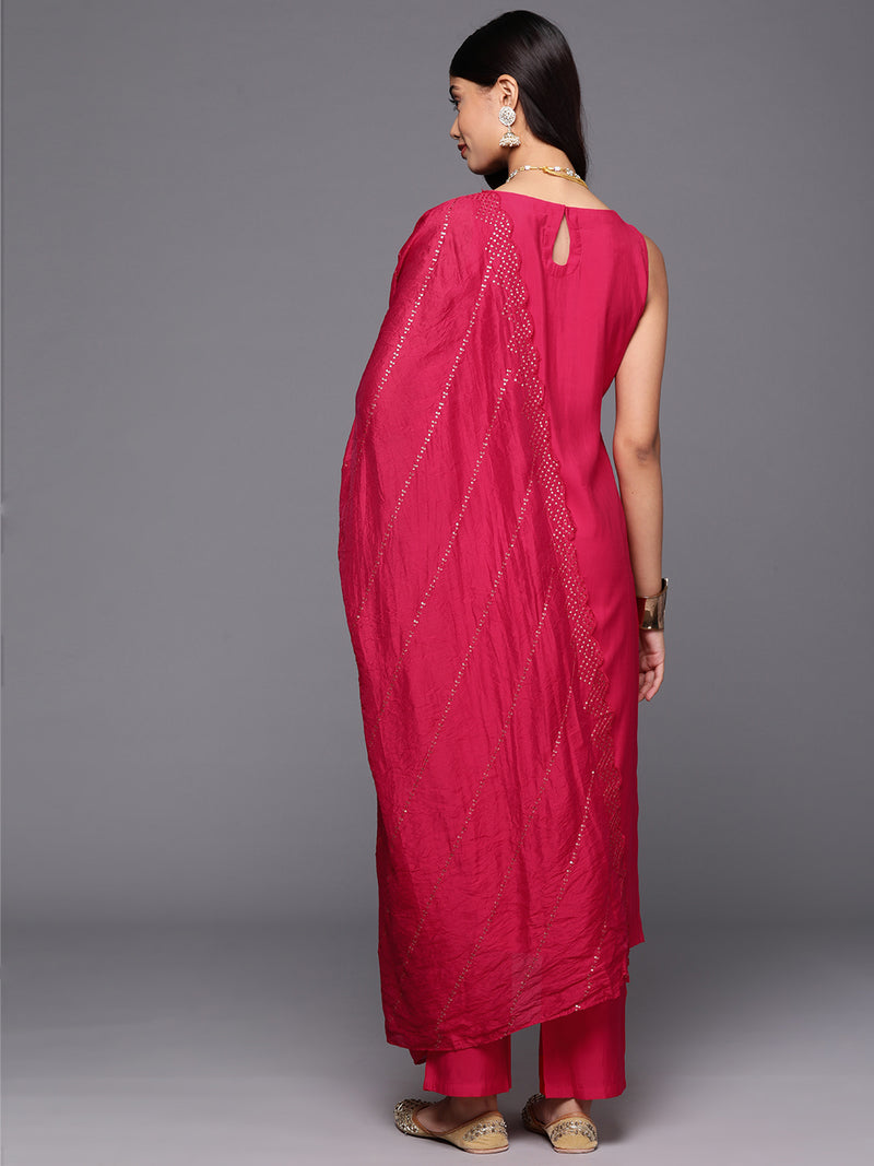 Pink Solid Silk Blend Straight Kurta With Trousers & Dupatta
