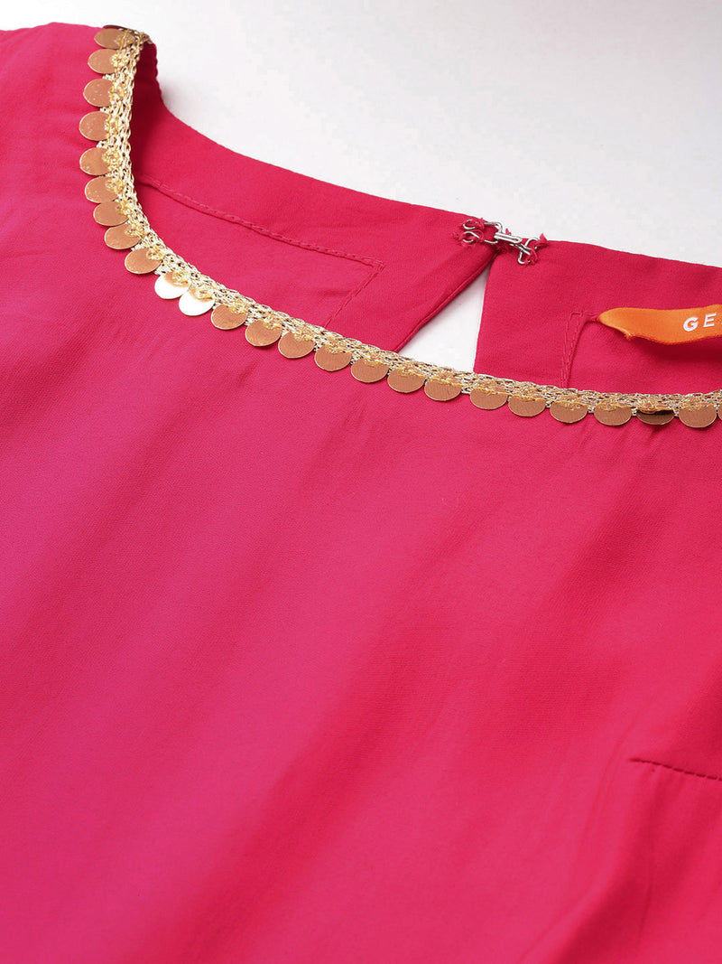Pink Solid Silk Blend Straight Kurta With Trousers & Dupatta