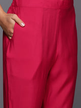 Pink Solid Silk Blend Straight Kurta With Trousers & Dupatta