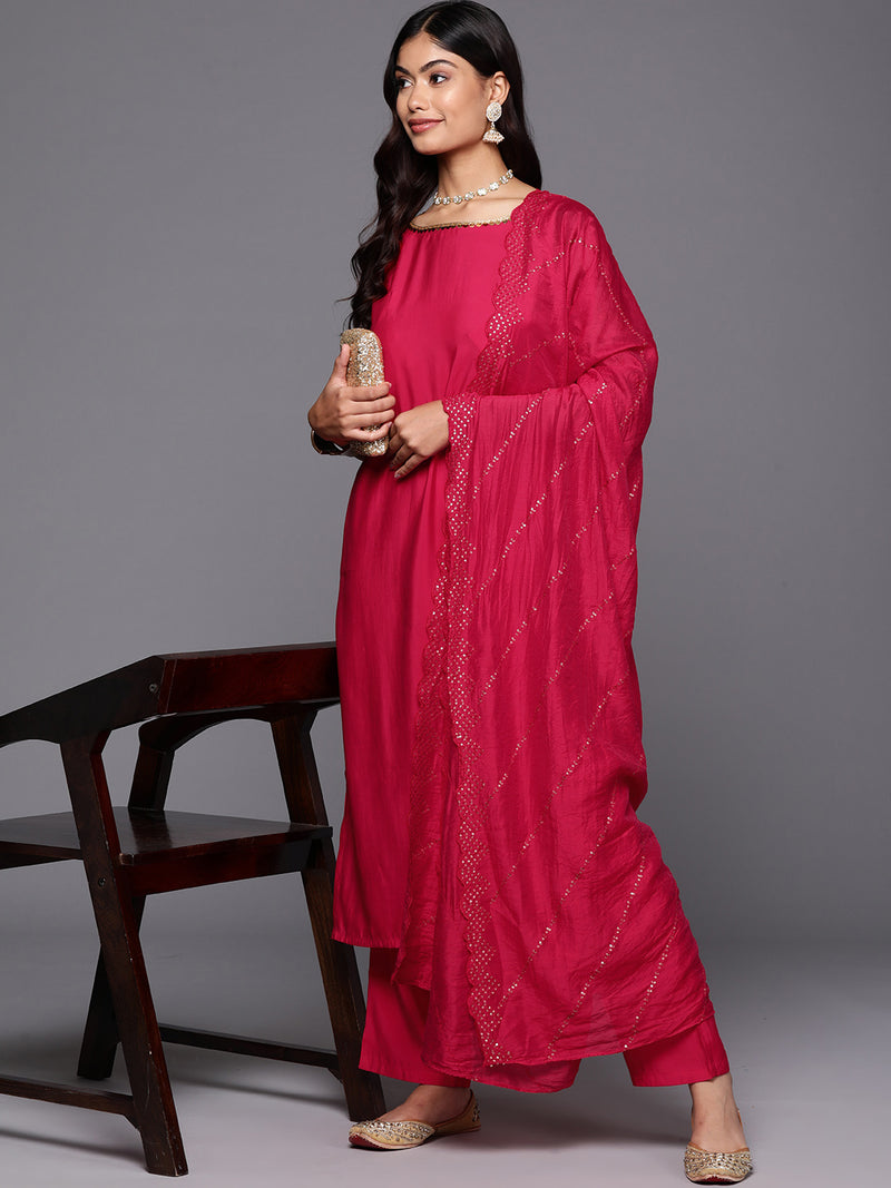 Pink Solid Silk Blend Straight Kurta With Trousers & Dupatta