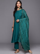 Teal Solid Silk Blend Straight Kurta With Trousers & Dupatta
