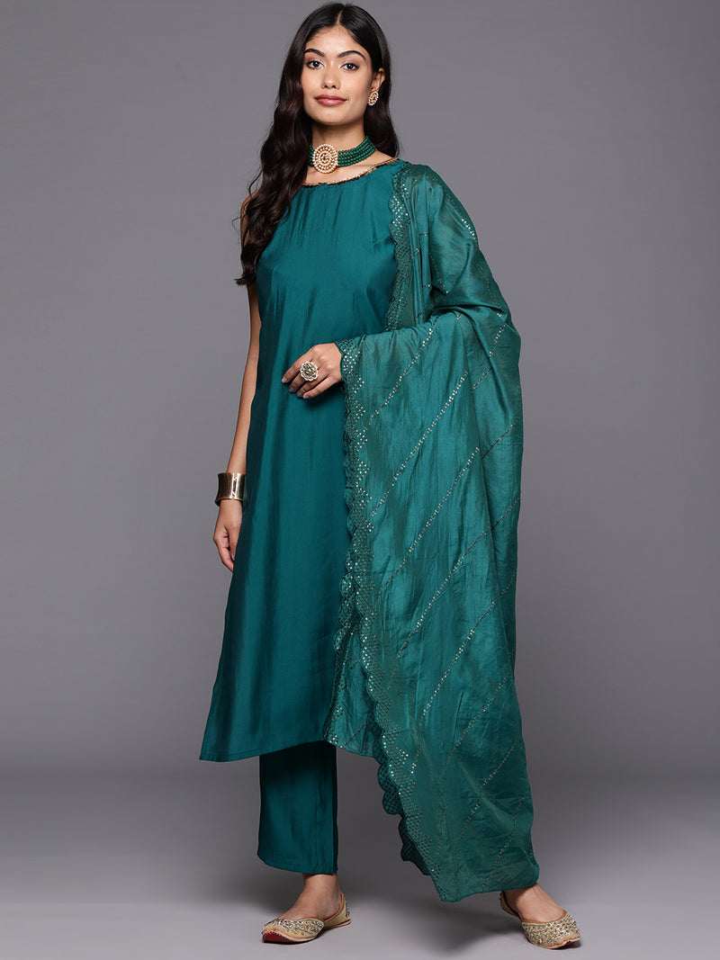 Teal Solid Silk Blend Straight Kurta With Trousers & Dupatta