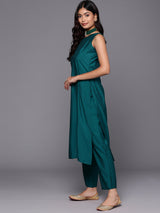 Teal Solid Silk Blend Straight Kurta With Trousers & Dupatta