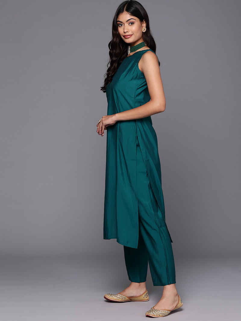 Teal Solid Silk Blend Straight Kurta With Trousers & Dupatta