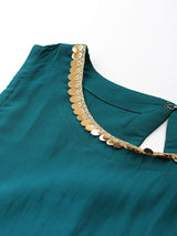 Teal Solid Silk Blend Straight Kurta With Trousers & Dupatta