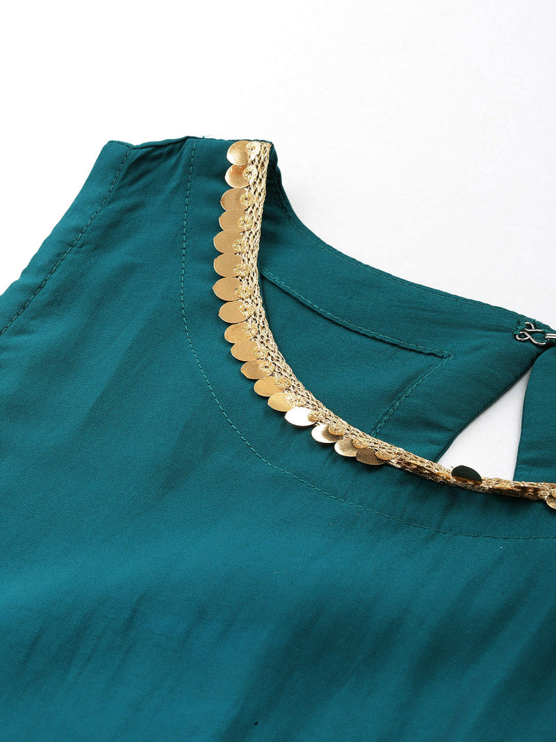 Teal Solid Silk Blend Straight Kurta With Trousers & Dupatta