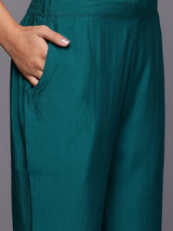 Teal Solid Silk Blend Straight Kurta With Trousers & Dupatta