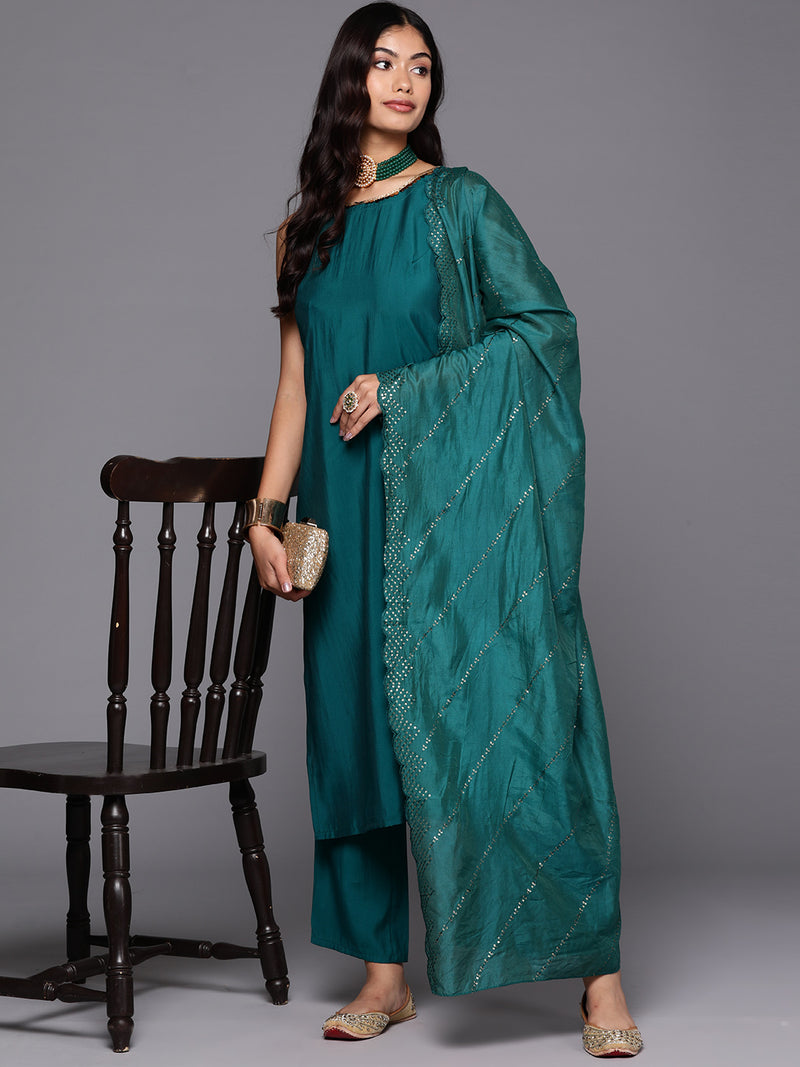 Teal Solid Silk Blend Straight Kurta With Trousers & Dupatta