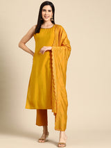 Mustard Solid Silk Blend Straight Kurta With Trousers & Dupatta