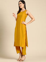 Mustard Solid Silk Blend Straight Kurta With Trousers & Dupatta