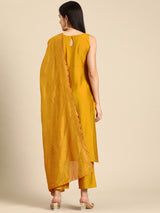 Mustard Solid Silk Blend Straight Kurta With Trousers & Dupatta