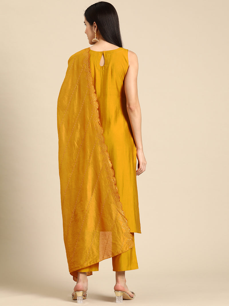 Mustard Solid Silk Blend Straight Kurta With Trousers & Dupatta