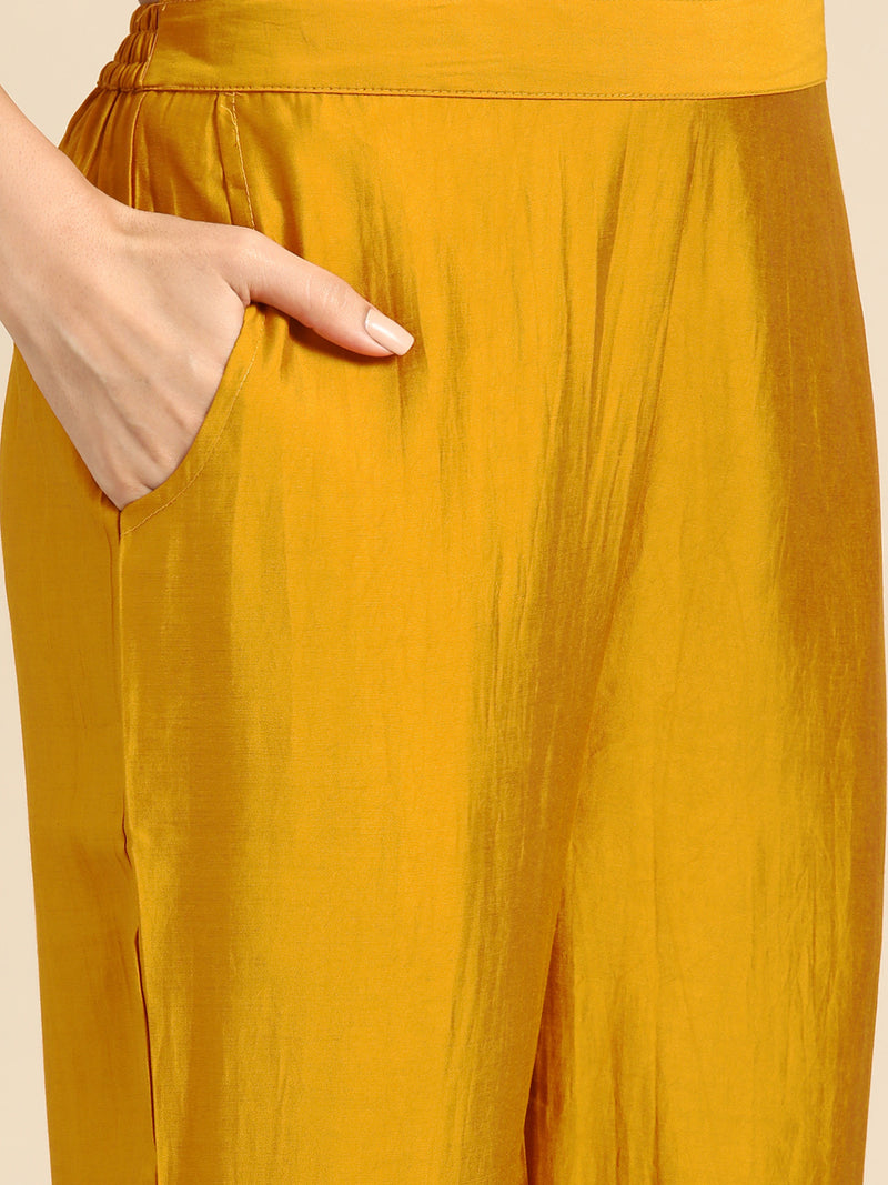 Mustard Solid Silk Blend Straight Kurta With Trousers & Dupatta