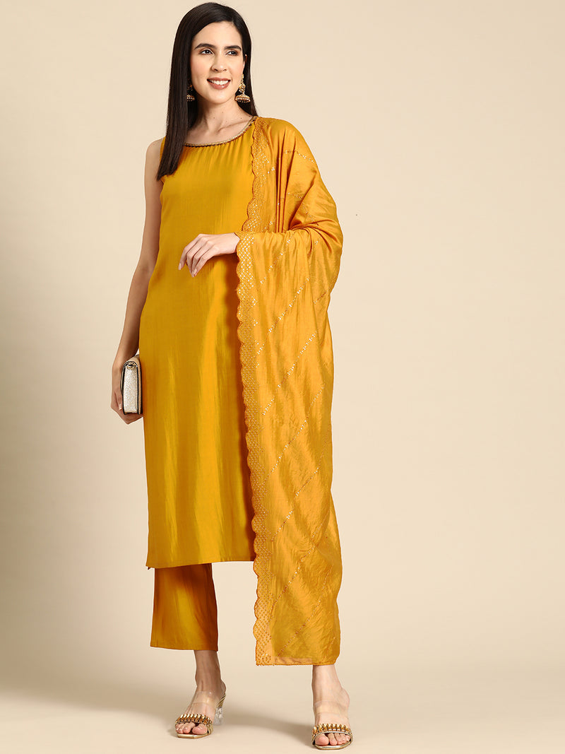 Mustard Solid Silk Blend Straight Kurta With Trousers & Dupatta