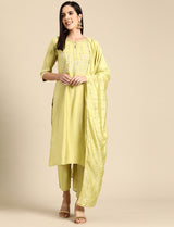 Green Yoke Design Silk Blend Straight Kurta With Trousers & Dupatta