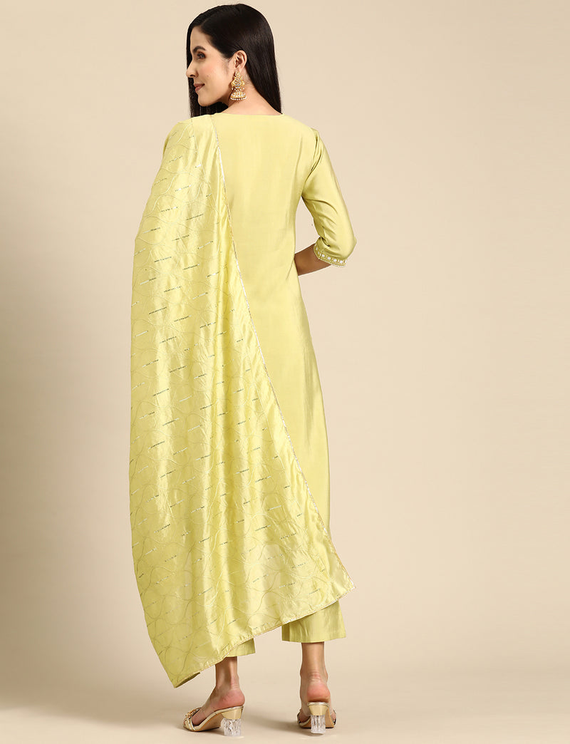 Green Yoke Design Silk Blend Straight Kurta With Trousers & Dupatta