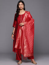 Red Solid Silk Blend Straight Kurta With Trousers & Dupatta