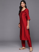 Red Solid Silk Blend Straight Kurta With Trousers & Dupatta