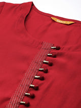 Red Solid Silk Blend Straight Kurta With Trousers & Dupatta