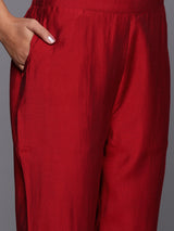 Red Solid Silk Blend Straight Kurta With Trousers & Dupatta