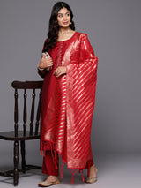 Red Solid Silk Blend Straight Kurta With Trousers & Dupatta